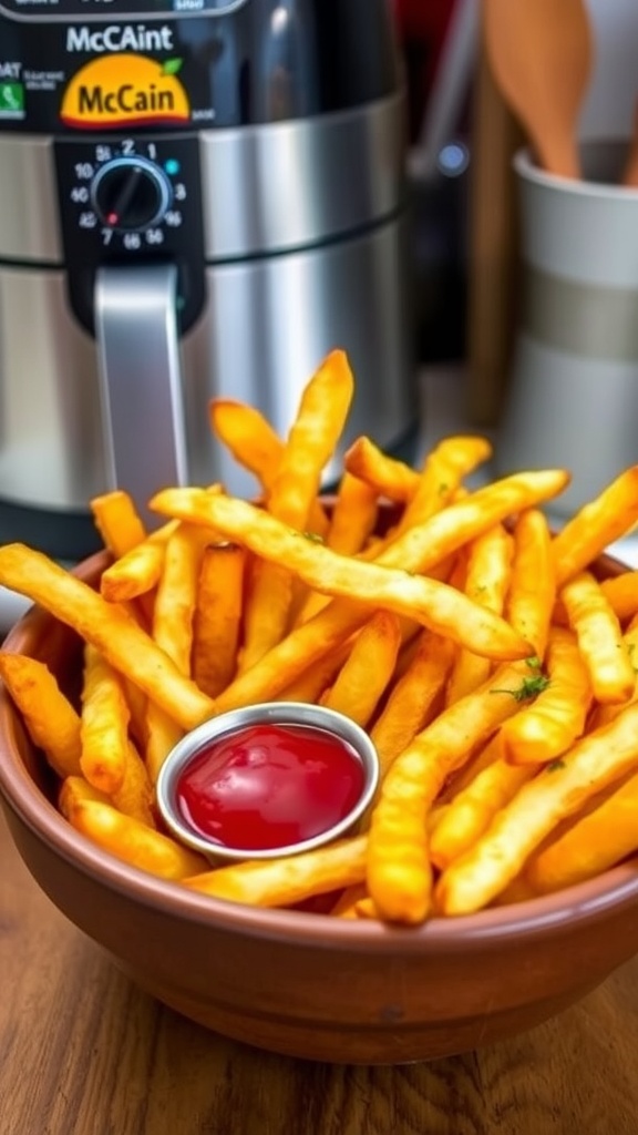 A bowl of golden crispy McCain fries with ketchup on a wooden table.